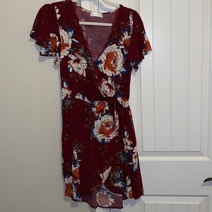 Maroon Floral Wrap Dress